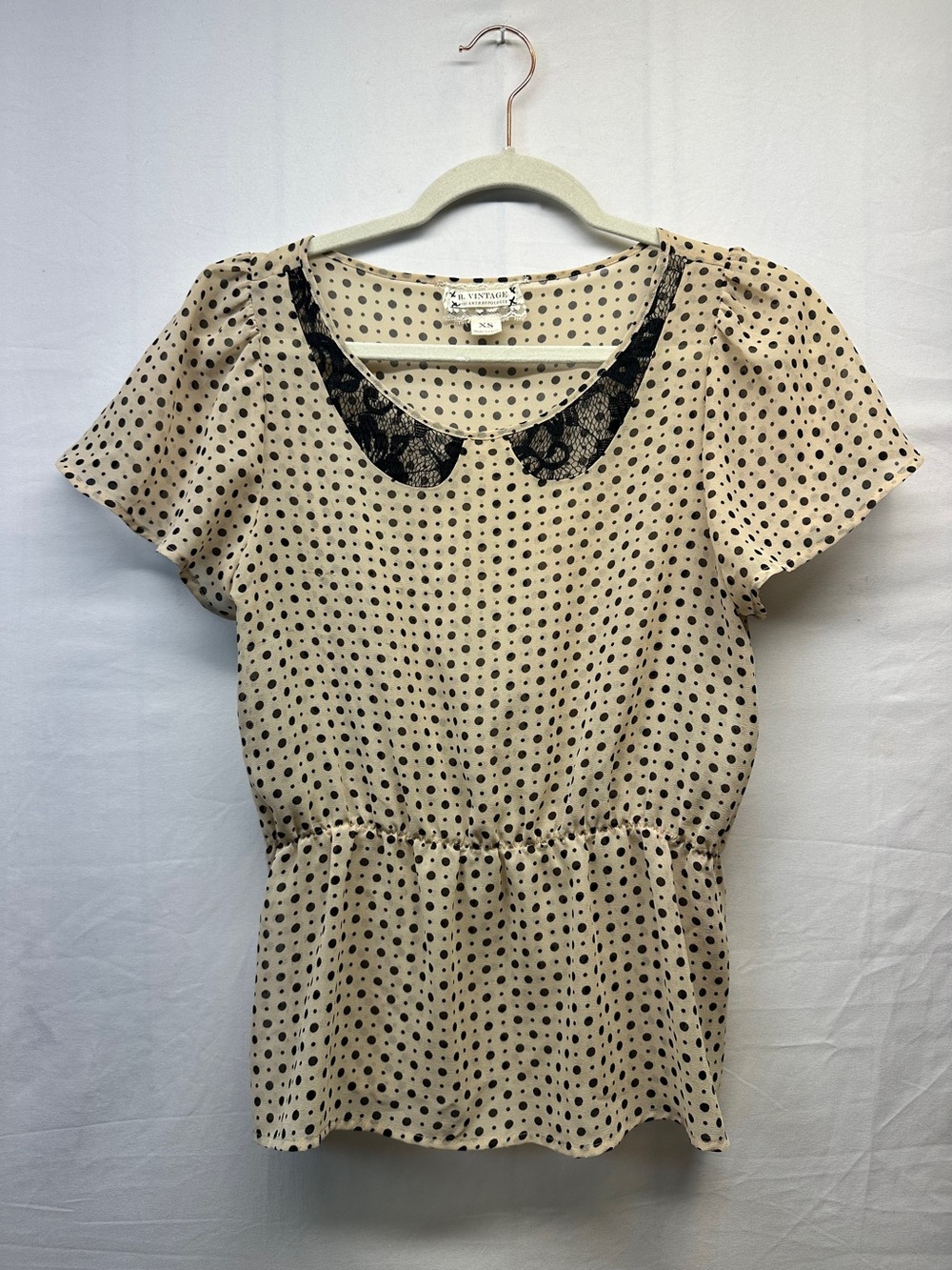 Anthropologie Polka Dot Lace Collar Blouse - Beige/Black